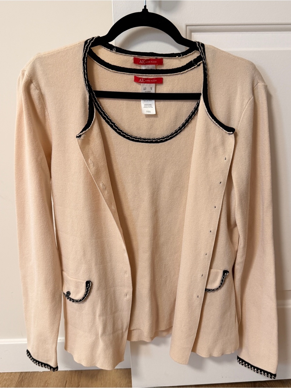 Anne Klein 2 Pc Cardigan & Shell Twinset - Cream Black - Size M